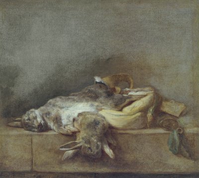 Stilleven met konijnen, een jachtzak en een kruithoorn, ca. 1755 door Jean Baptiste Simeon Chardin