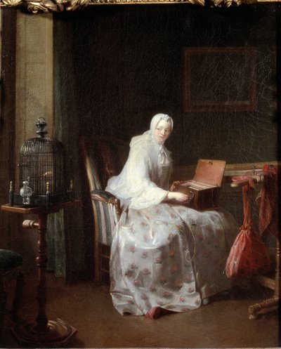 De kanarie of vrouw die haar vermaak varieert door Jean Baptiste Simeon Chardin