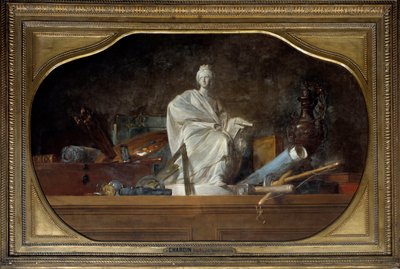 De attributen van de Kunsten Allegorie van de kunsten met beeldhouwersgereedschap, beeldje door Jean Baptiste Simeon Chardin