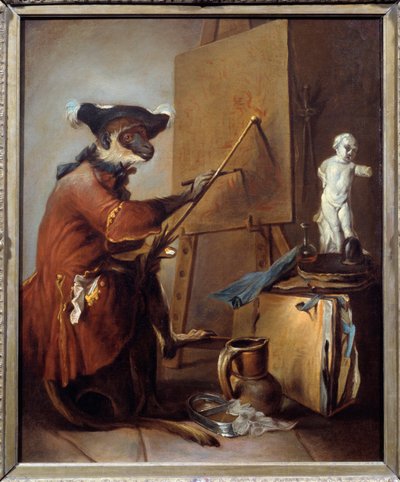 De schildersaap. Voorstelling van een aap in menselijke houding door Jean Baptiste Simeon Chardin