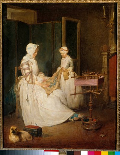 De werkende moeder Een moeder geholpen door haar dochter borduurt en gebruikt een chedder door Jean Baptiste Simeon Chardin