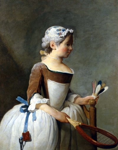 Jong meisje met sneeuwschoen en stuurwiel, Jean Baptiste Siméon Chardin (1699 - 1779), olieverfschilderij, Uffizi Museum, Florence. door Jean Baptiste Simeon Chardin