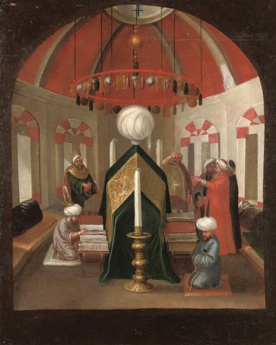 Een Turks mausoleum met figuren bij het graf van een sultan door Jean Baptiste Vanmour