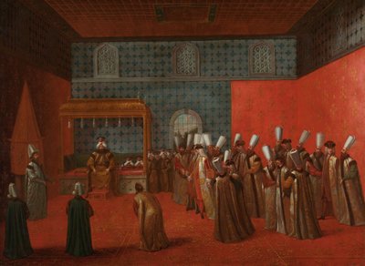Ambassadeur Cornelis Calkoen bij zijn audiëntie met Sultan Ahmed III door Jean Baptiste Vanmour