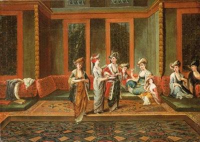 Armeense vrouwen drinken koffie in een interieur door Jean Baptiste Vanmour