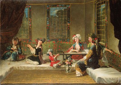 Armeense vrouwen borduren in een interieur door Jean Baptiste Vanmour