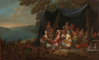Fête champêtre met Turkse hovelingen onder een tent, c.1720-37 door Jean Baptiste Vanmour