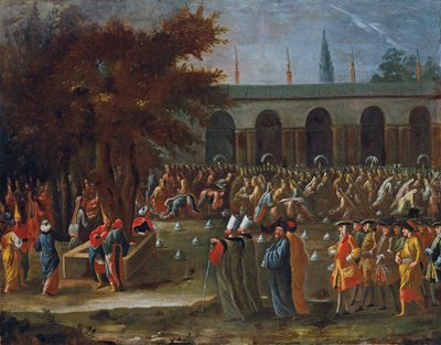 De Nederlandse ambassadeur met zijn gevolg ontvangen door Sultan Ahmed III in het Topkapi Paleis, Istanbul door Jean Baptiste Vanmour