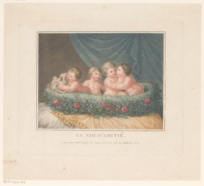 Vier putti met een hond in een mand van rozen op een kussen door Jean Baptiste Verite