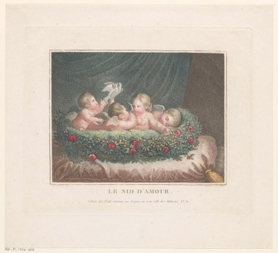 Vier putti met twee duiven in een mandje van rozen op een kussen door Jean Baptiste Verite