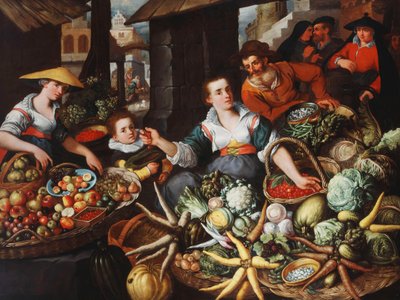 Een fruit- en groentekraam op een stadsmarkt door Jean Baptiste de Saive