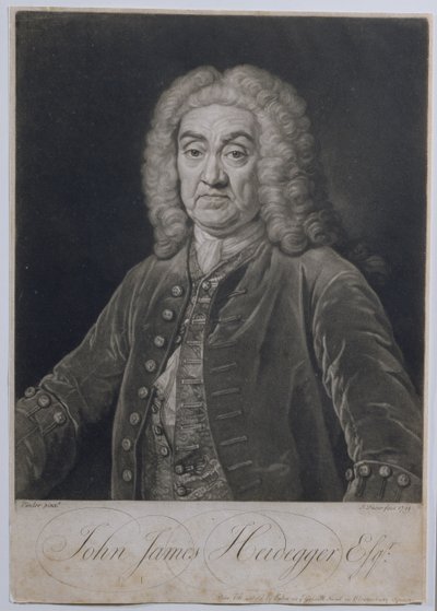Portret van John James Heidegger (1666-1749), Zwitserse impresario in Londen, gegraveerd door John Faber (1684-1756), 1749 door Jean Baptiste van Loo