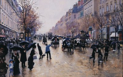 Boulevard Poissonière in de regen, ca. 1880 door Jean Beraud