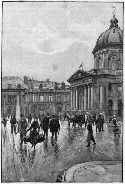 Parijse scène in de 19e eeuw: de linkeroever met het Institut de France. Gravure door Florian naar het schilderij van Béraud. Eind 19e eeuw. In 