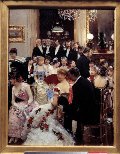 De avond. Schilderij door Jean Beraud (1849-1936). Dim. 0,35x0,27m. Parijs, Musee Carnavalet - De Soiree. Olieverf op hout, 0.35 x 0.27 m. Parijs, Musee Carnavalet. door Jean Beraud