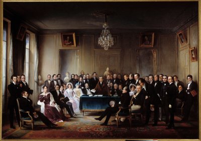 De dichter en toneelschrijver Francois Guillaume Andrieux leest zijn tragedie Junius Brutus in de foyer van de Comedie Francaise op 26/05/1828. Onder de aanwezigen Alexandre Dumas, Pierre Nicolas Michelot, Jean Francois Becquerel, Firmin, Victor Hugo, Euge door Jean Beraud