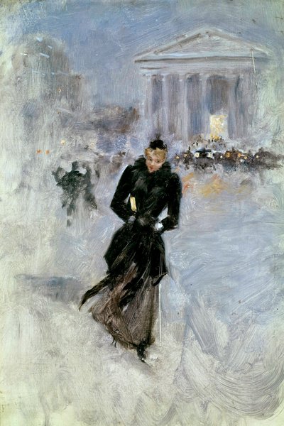 Jonge elegante vrouw met de boa in de rue Royale in Parijs door Jean Beraud