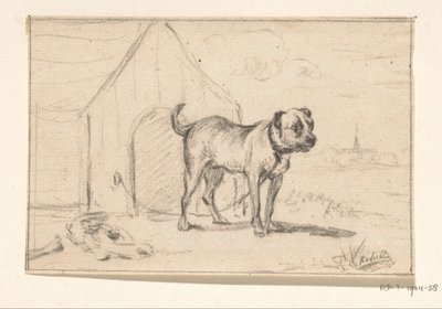 Aangelijnde hond, staande voor zijn hok door Jean Bernard