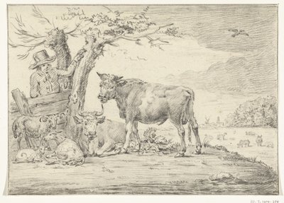 Boer staande bij een hek met vee door Jean Bernard