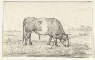 Grazende stier in een wei, naar rechts door Jean Bernard