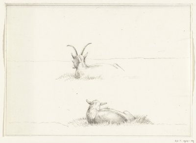Schetsen van een liggende geit en een schaap, van achteren door Jean Bernard