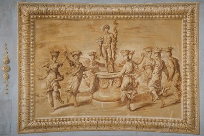 Faux verguld reliëf, met Bacchus geplaatst op een cirkelvormig voetstuk versierd met festoenen en bucrania, en omringd door dansende kanephors door Jean Boulanger