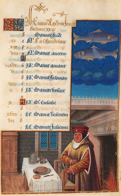 Getijdenboek van Lodewijk XII (voorheen Getijdenboek van Hendrik VII), Kalenderblad voor de maand februari door Jean Bourdichon