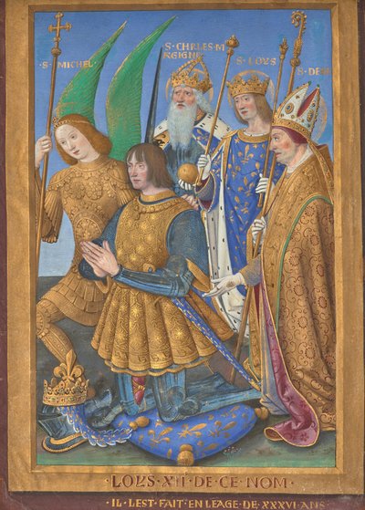 Lodewijk XII van Frankrijk knielend in gebed, vergezeld door de heiligen Michael, Karel de Grote, Lodewijk en Denis door Jean Bourdichon