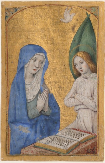 Manuscriptblad met de Aankondiging uit een Getijdenboek, Frans, ca. 1485-90 door Jean Bourdichon