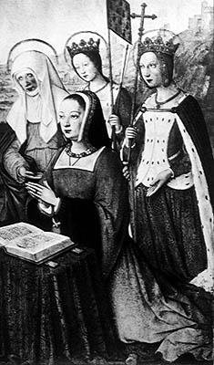 Anne van Bretagne met St. Anne, St. Ursula en St. Helena, miniatuur uit de Grandes Heures van Anne van Bretagne, ca. 1503-8 door Jean Bourdichon