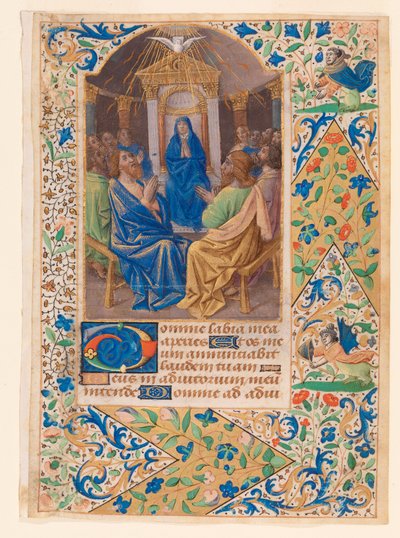 Pinksteren of de nederdaling van de Heilige Geest, uit een getijdenboek door Jean Bourdichon