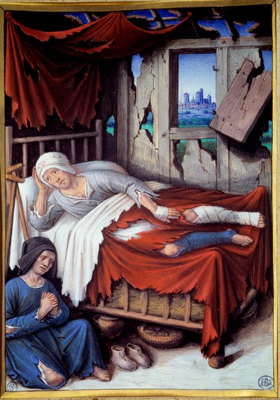 De dood van een arme man. Een vrouw bidt aan het bed van een stervende man door Jean Bourdichon