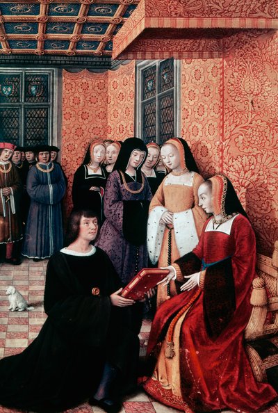 De dichter Jean Marot (1450-1526) overhandigt zijn werk Voyage to Genoa aan Anne van Bretagne (1477-1514), ca. 1508, miniatuur door Jean Bourdichon (1457-1521), Frankrijk door Jean Bourdichon