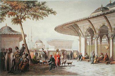 Interieur van de Binnenplaats van de Top-Hani Moskee, illustratie uit Souvenirs de Constantinople door Jean Brindesi