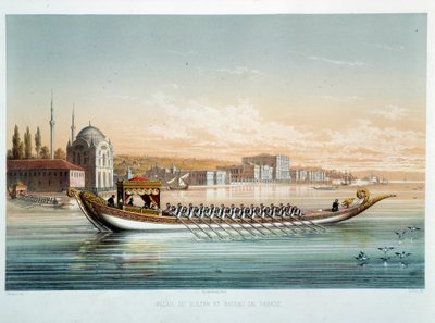 Ottomaanse Rijk: Het paleis van de sultan en paradeboot in Constantinopel door Jean Brindesi