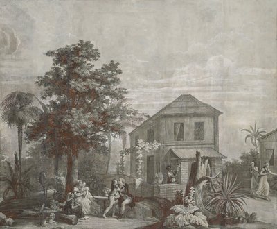 Familietijd, behangpaneel uit de serie "Paul et Virginie", door Dufour & Cie, ca.1823 door Jean Broc