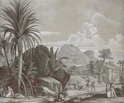 Vertrek voor een wandeling, behangpaneel uit de serie "Paul et Virginie", door Dufour & Cie, ca. 1823 door Jean Broc