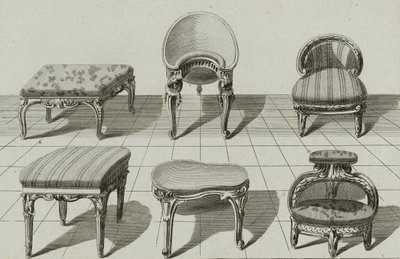 Tabourets, Bidets de Toilette, Marchepied, gepubliceerd midden jaren 1770 (gravure op geschept papier) door Jean Charles (after) Delafosse