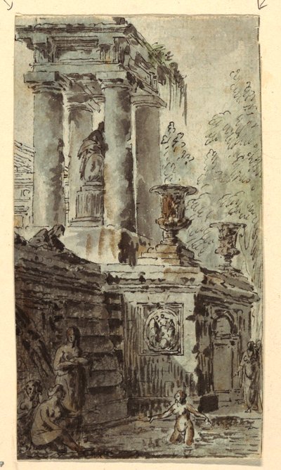 Architectonische fantasie met badende figuren door Jean Charles Delafosse