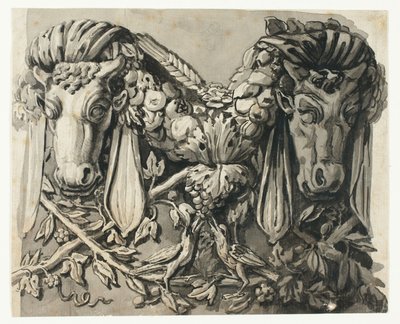 Ornament met twee stierenkoppen (recto); Schets van geometrische randen (verso) door Jean Charles Delafosse