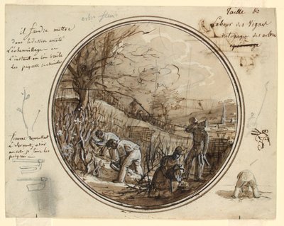 Ontwerp voor een Geschilderd Porseleinen Bord, Snijden en Werken in de Wijngaard door Jean Charles Develly