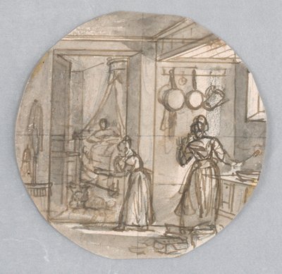 Ontwerp voor een Geschilderd Porseleinen Bord, Keukenscène met Achterkamer, mogelijk voor de Service des Objets de Dessert (Dessertservice) door Jean Charles Develly