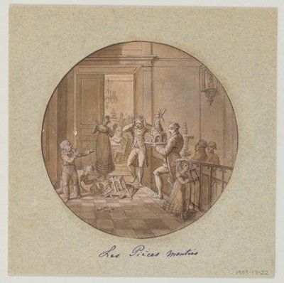 Ontwerp voor een Geschilderd Porseleinen Bord, Les Pièces Montées (Gelaagde Taarten) voor de Service des Objets de Dessert (Dessertservice) door Jean Charles Develly