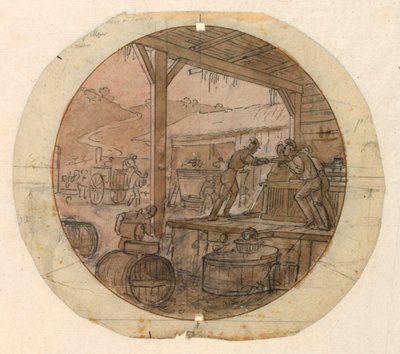 Ontwerp voor een beschilderd porseleinen bord, laden of lossen van goederen door Jean Charles Develly