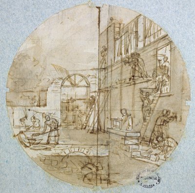 De werkplaats van de metselaar, plaatontwerp voor een dienst die verschillende beroepen uitbeeldt, ca. 1820-35 door Jean Charles Develly