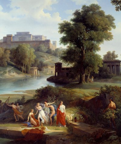 Odyssee van Homeros: Ulysses ziet Nausicaa, dochter van koning Alcinoos, met een bal spelen met haar volgelingen (detail) door Jean Charles Joseph Rémond