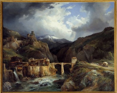 Dorp en brug van Crevola aan de Simplonweg (schilderij door Jean Charles Remond) door Jean Charles Joseph Rémond