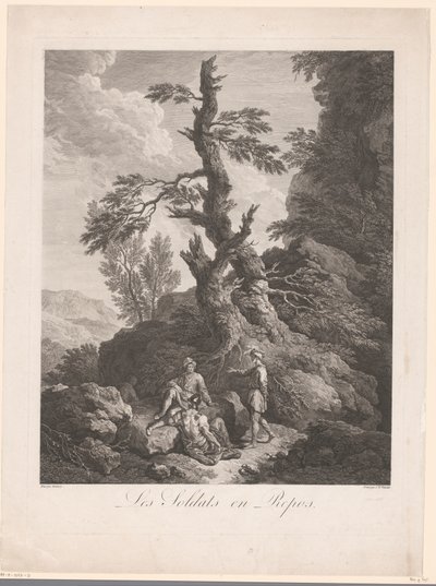 Rustende soldaten voor een boom in een rotsachtig landschap door Jean Charles Levasseur