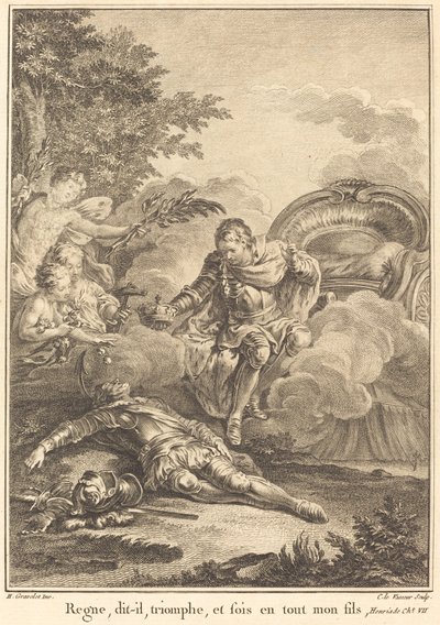 Heers, zei hij, triomfeer, en wees in alles mijn zoon door Jean Charles Levasseur after Hubert François Gravelot