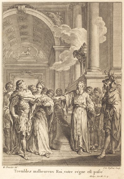 Beef ongelukkige koning, uw heerschappij is voorbij door Jean Charles Levasseur after Hubert François Gravelot
